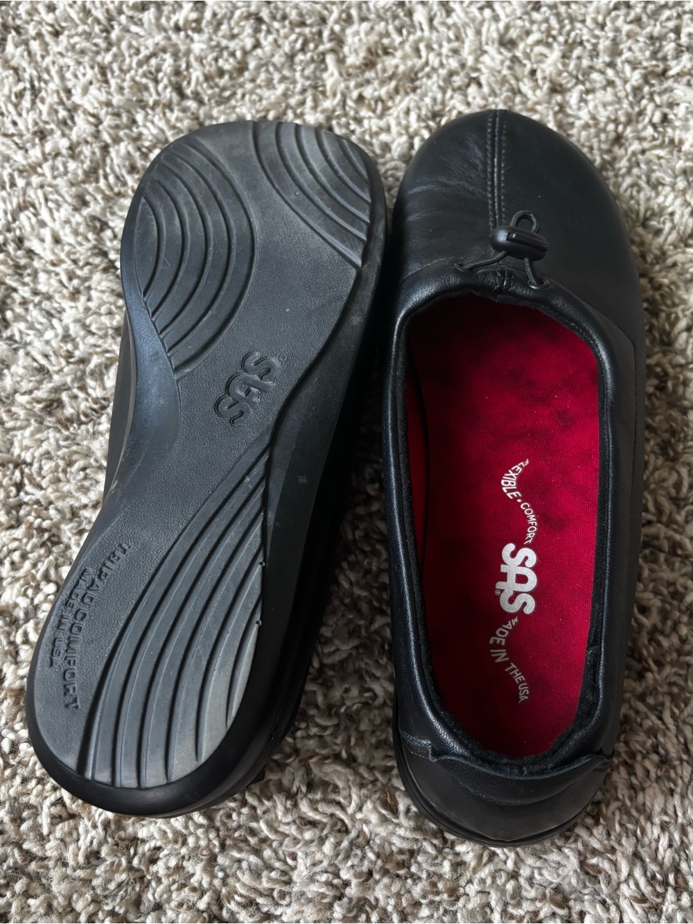 SAS Black Leather Flats with Red Insole